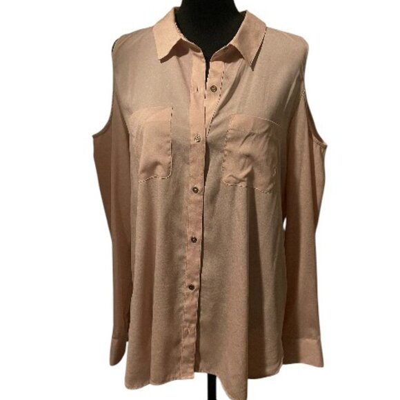 CALVIN KLEIN COLD SHOULDER BUTTON-UP BLOUSE - Picture 1 of 4